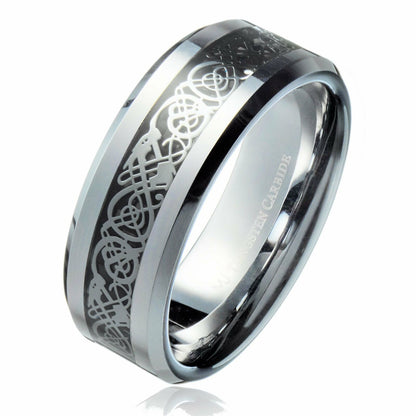 Tungsten Carbide Wedding Ring Styles Celtic Dragon Inlay comfort fit