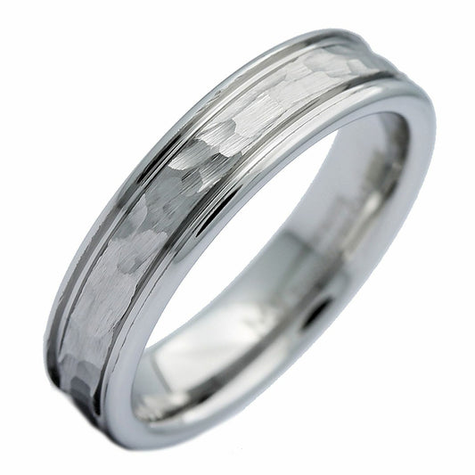 5mm White Tungsten Carbide Hammered Center Polished Edge Wedding Band Ring