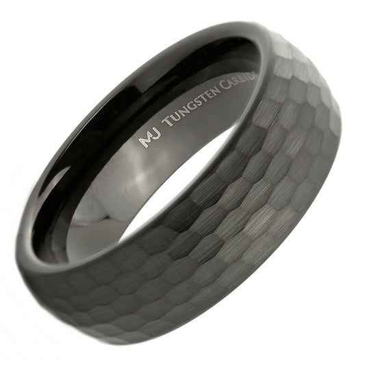 Tungsten Carbide 4, 6 or 8mm Band Brushed Hammered Pattern Black Plated Ring