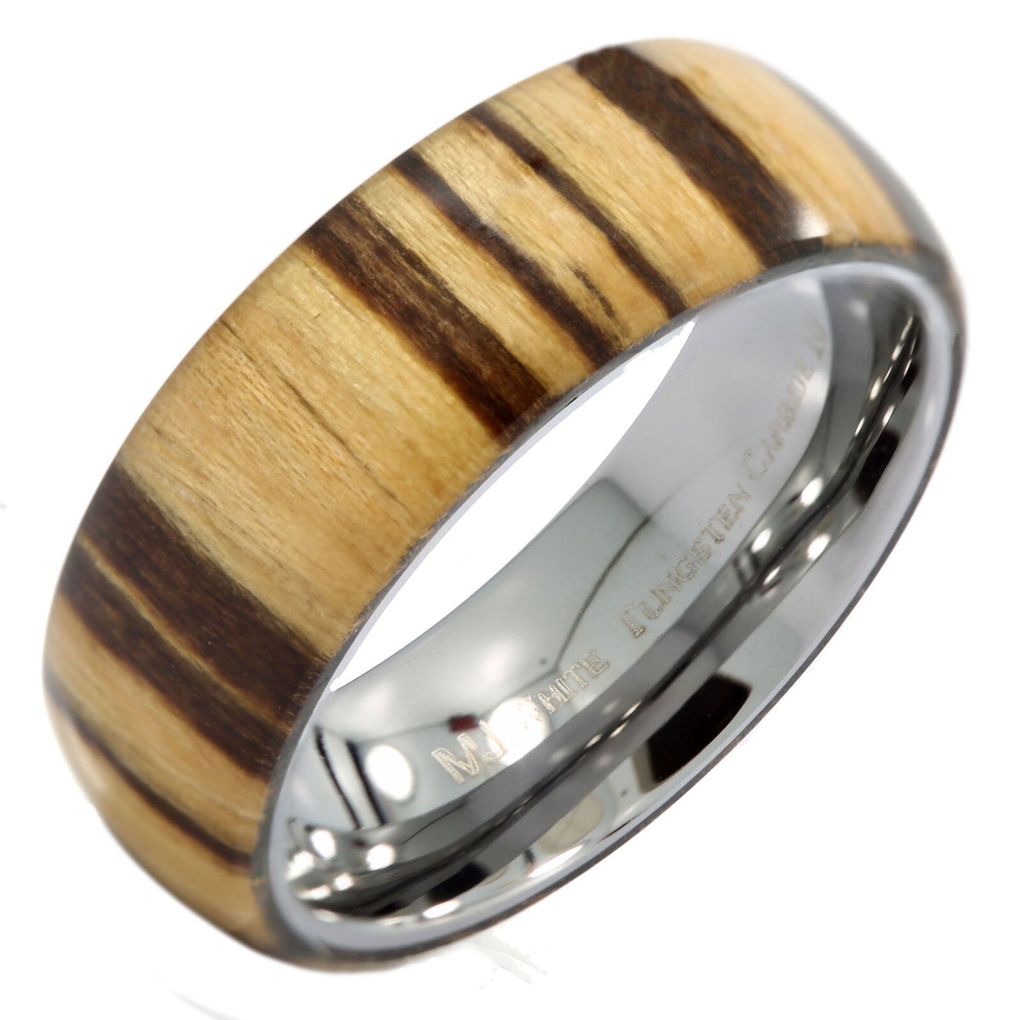 Zebra Wood Ring Polished Tungsten Carbide Comfort Fit Wedding Ring 8mm
