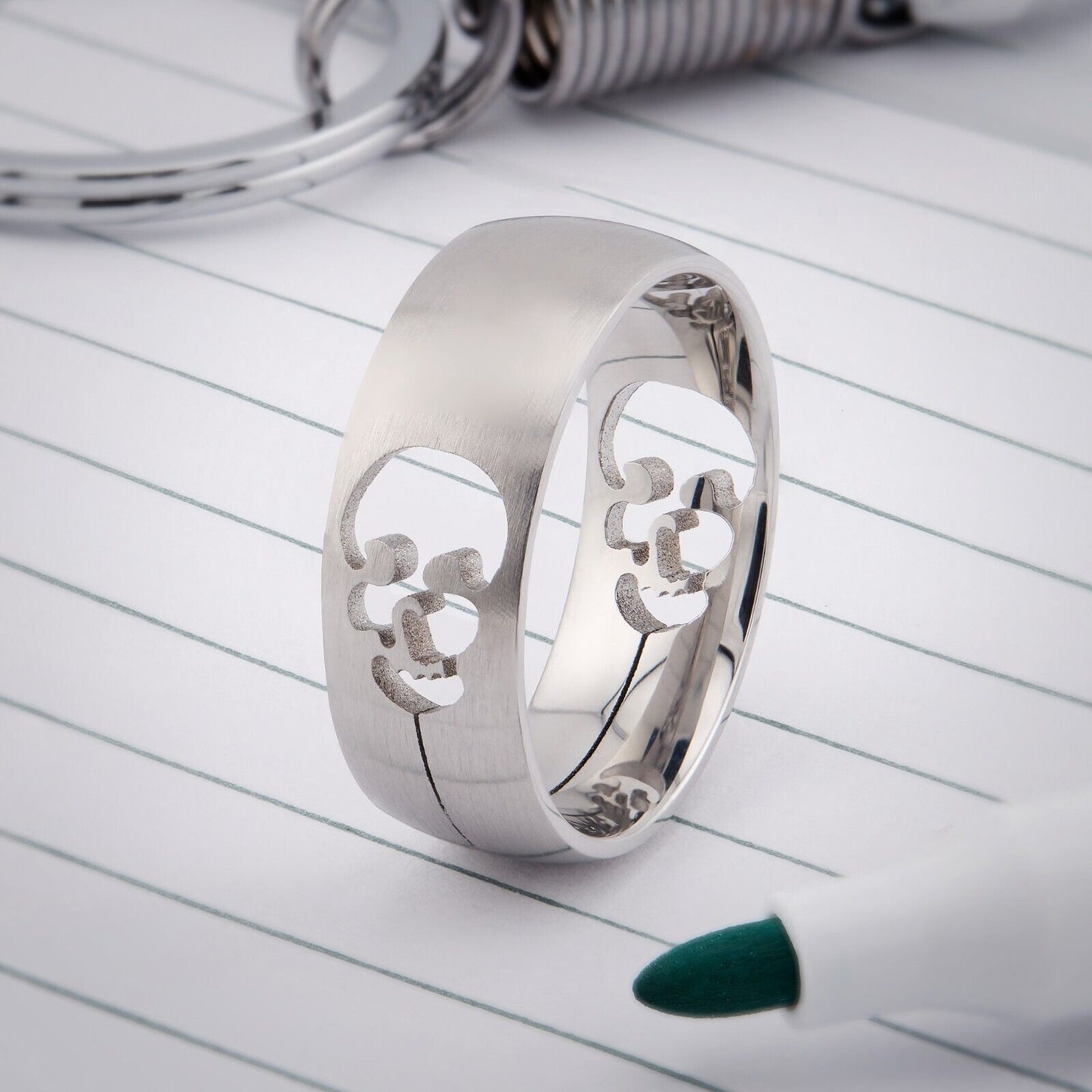 Brushed Stainless Steel cut out Skull Ring Comfort Fit
