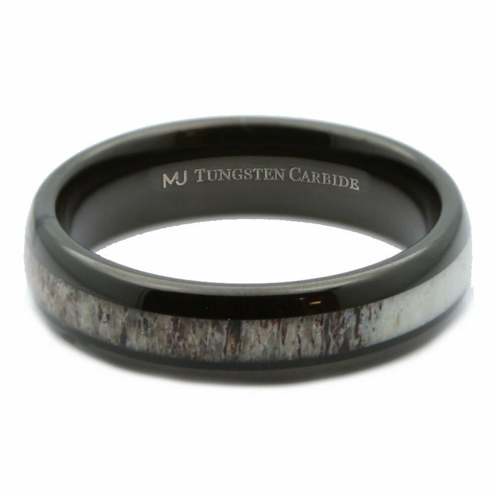 Choose From Black Plated or White Tungsten Carbide 6mm Deer Antler Inlay Ring