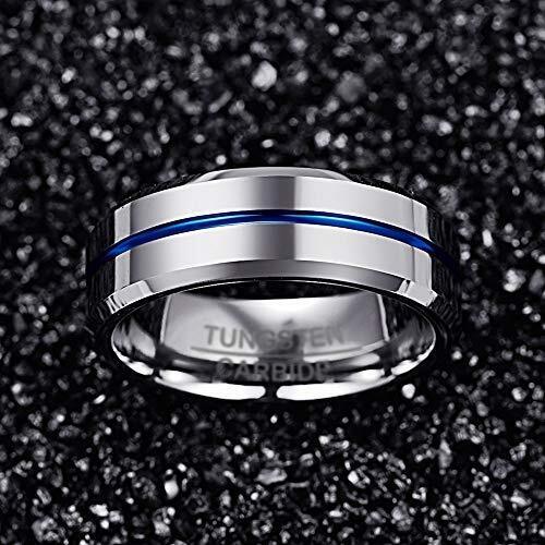 Tungsten Carbide 8mm Wedding Band Blue Striped Center Ring