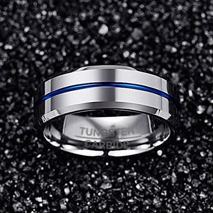 Tungsten Carbide 8mm Wedding Band Blue Striped Center Ring