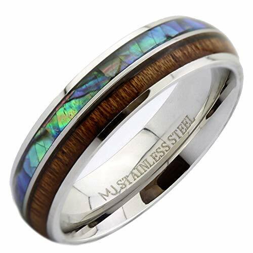 Custom Engraved Stainless Steel Abalone Inlay with Koa Wood or Faux Opal Ring