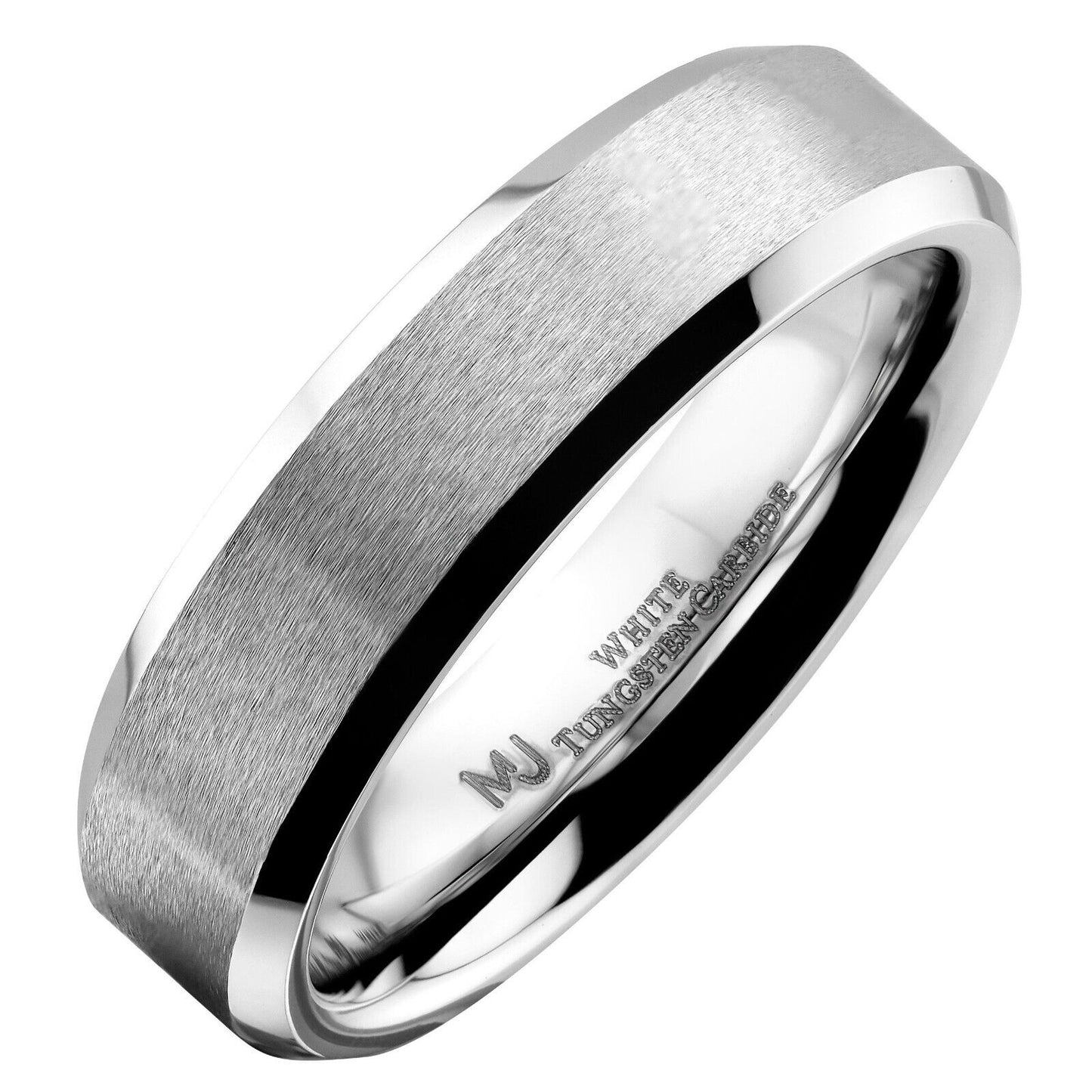 6mm Brushed White Tungsten Carbide Wedding Band Polished Edges Ring