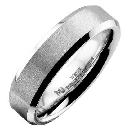6mm Brushed White Tungsten Carbide Wedding Band Polished Edges Ring