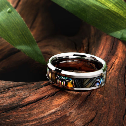 Tungsten Carbide 8mm Abalone Inlay with Recessed Edges Wedding Band Polished Fin