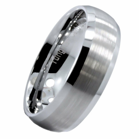 8mm Brushed Center Recessed Tungsten Carbide Wedding Ring Polished Edges Ring