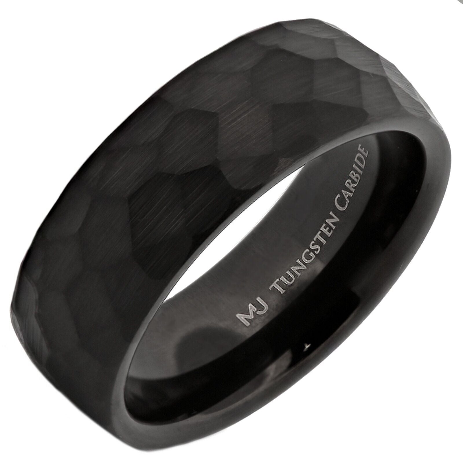Tungsten Carbide 8mm Hammered Black Obsidian or Gold Plated Style Wedding Ring