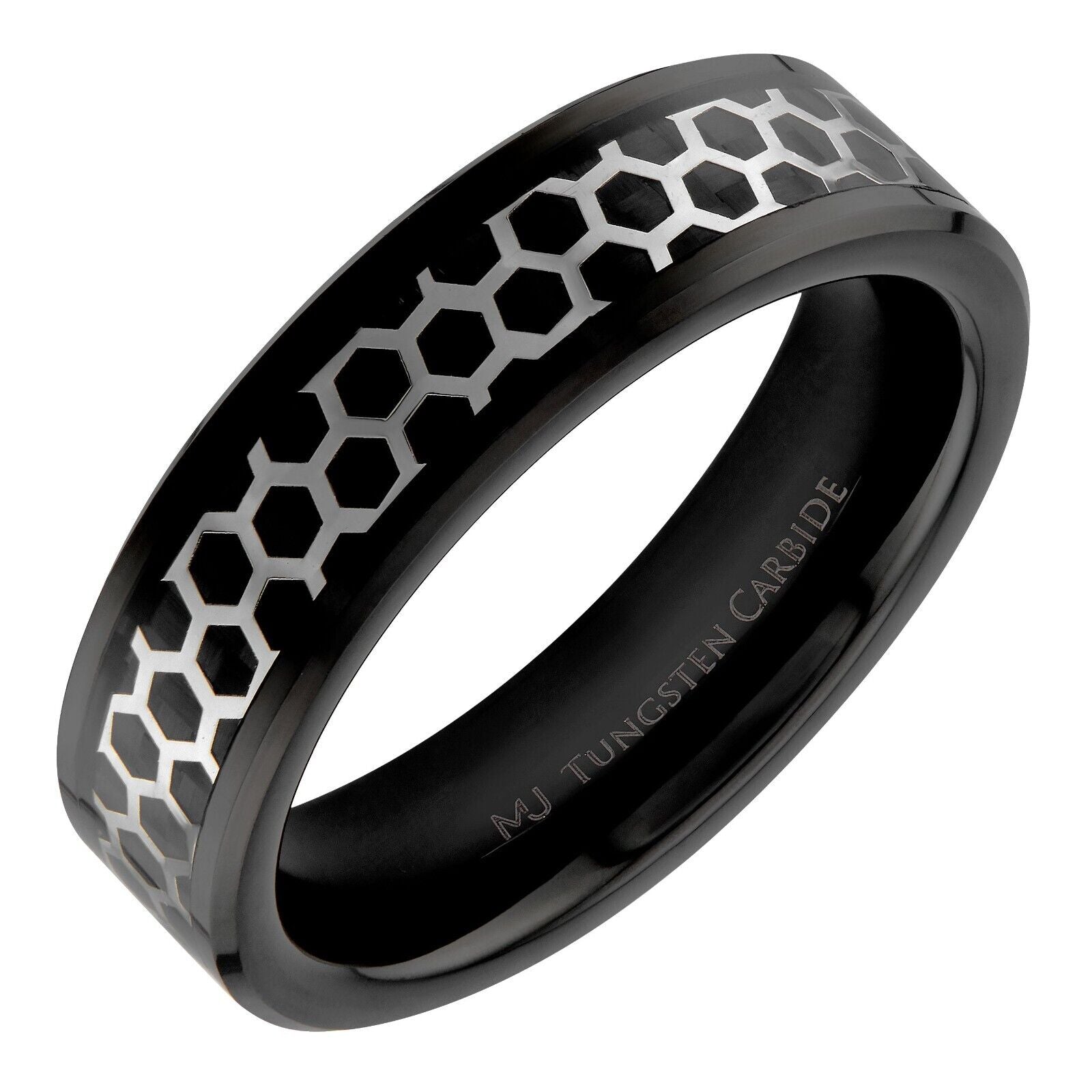 Tungsten Carbide Black or Polished Hexagon Pattern Over Black Carbon Fiber Inlay