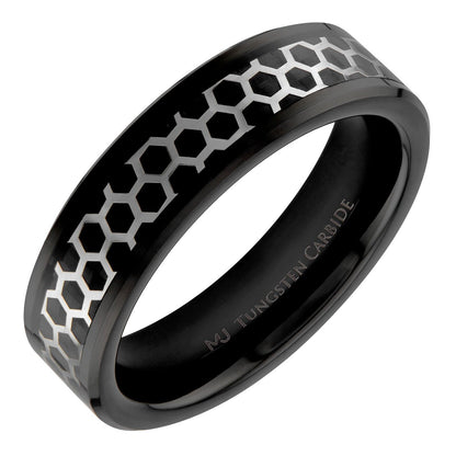 Tungsten Carbide Black or Polished Hexagon Pattern Over Black Carbon Fiber Inlay