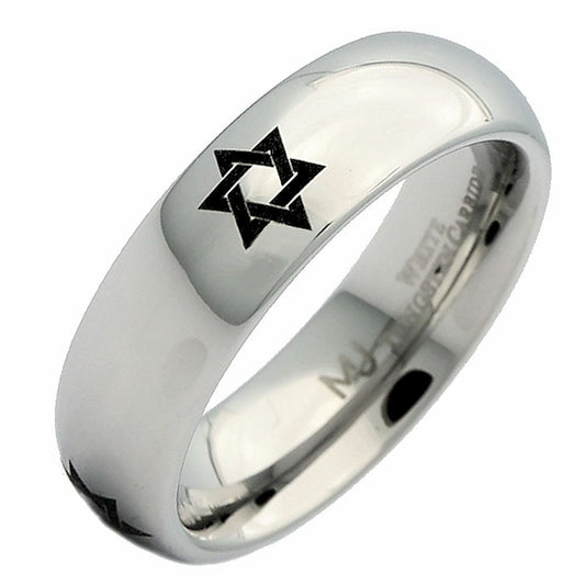 Star fo David ring 6mm polished White Tungsten Carbide Band unique Made to order
