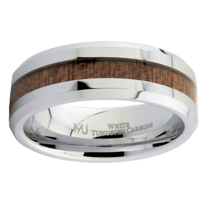 White or Black Tungsten Carbide 8mm Wedding Band with Real Koa Wood Inlay Ring