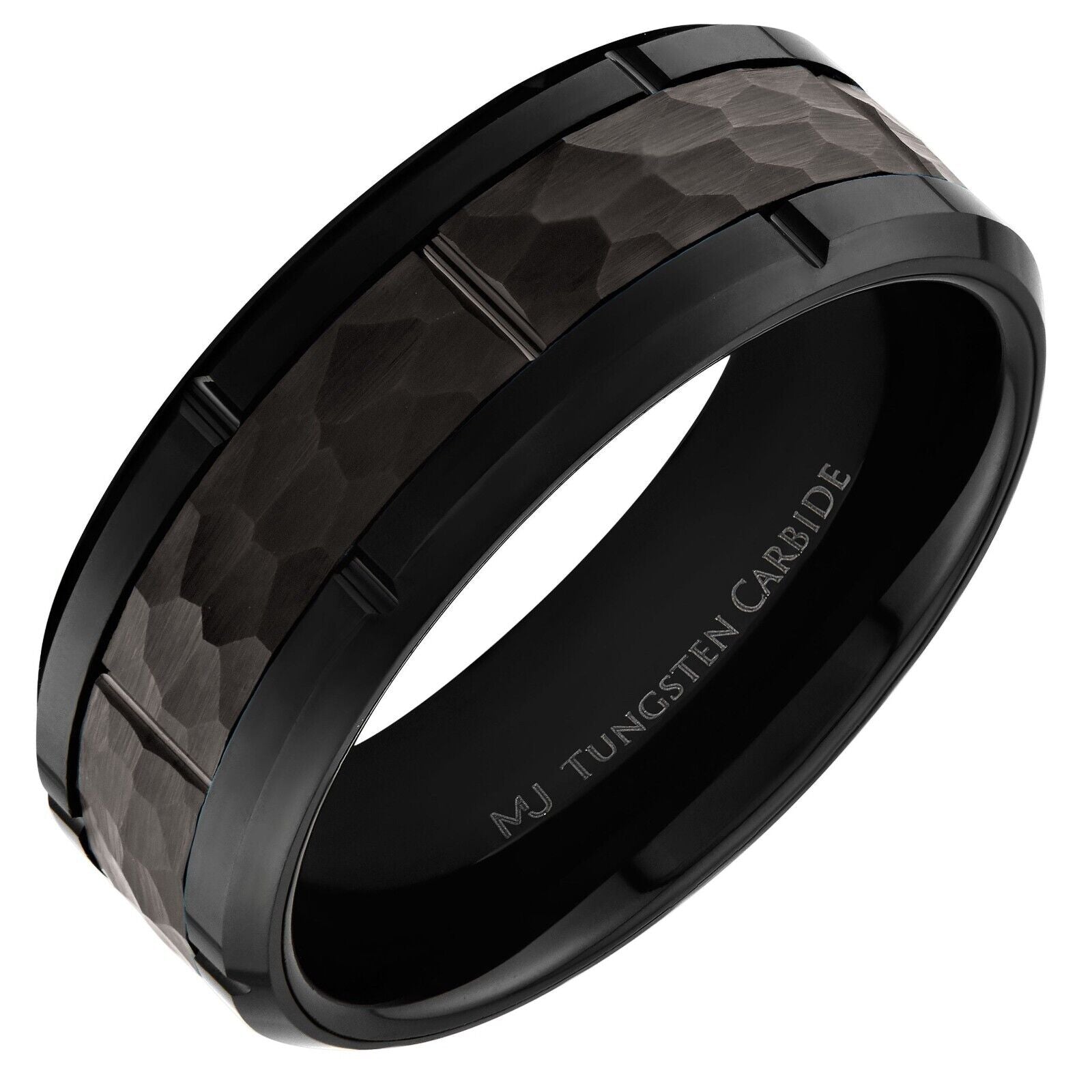 Tungsten Carbide 8mm Band Brushed Hammered Brick Pattern Notched Edges Ring