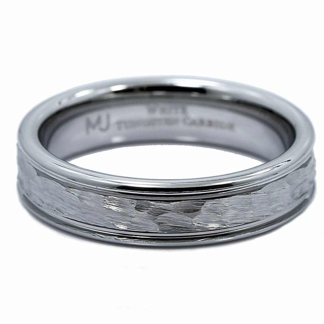 5mm White Tungsten Carbide Hammered Center Polished Edge Wedding Band Ring