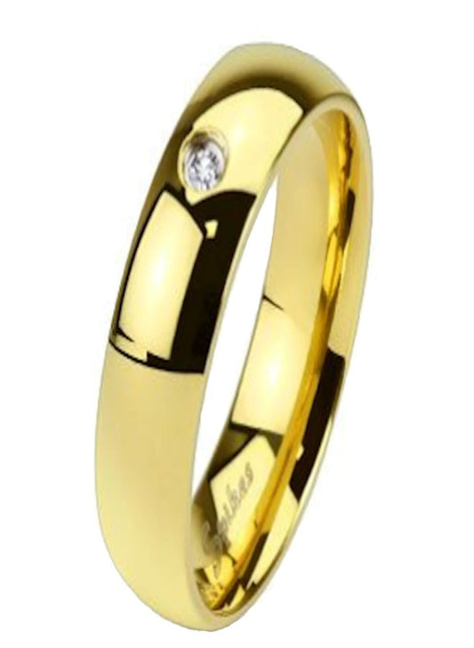 4, 6 or 8mm Stainless Steel Single CZ Gold Plated Wedding Band Ring