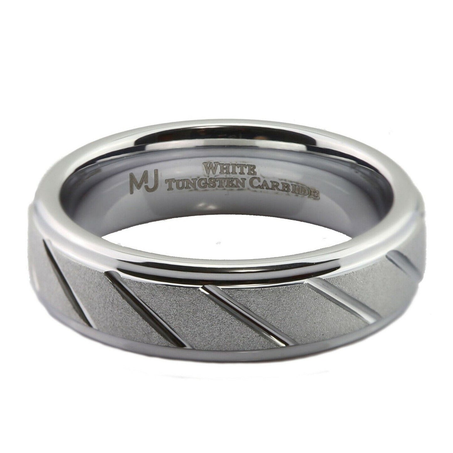 White Tungsten Carbide Band 6mm or 8mm Sand Blasted with Diagonal Lines Ring