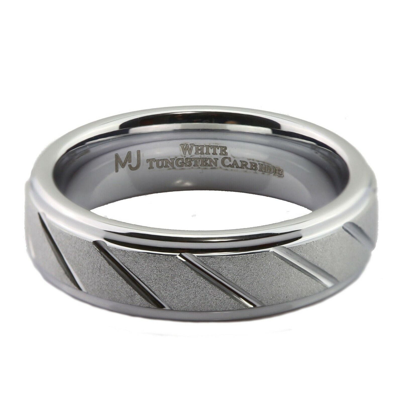 White Tungsten Carbide Band 6mm or 8mm Sand Blasted with Diagonal Lines Ring