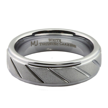 White Tungsten Carbide Band 6mm or 8mm Sand Blasted with Diagonal Lines Ring