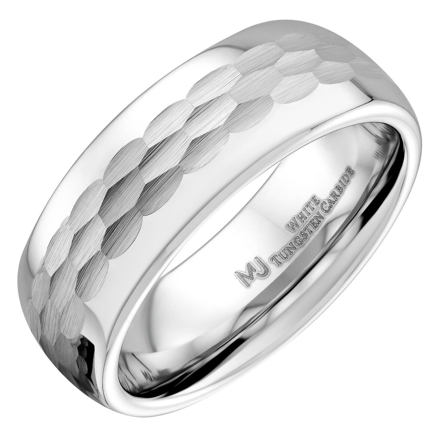 White Tungsten Carbide Hammered Center 6mm or 8mm Wedding Band Ring