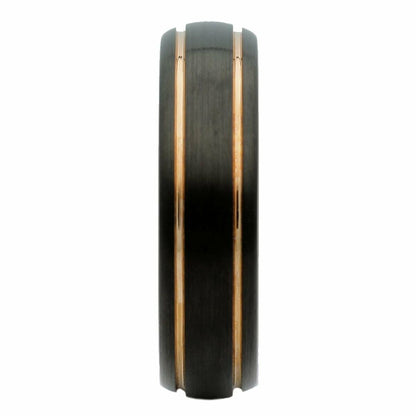Rose Gold Plated or Gold Plated Stripes Tungsten Carbide Black Plated Ring