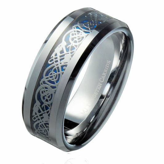 Tungsten Carbide Wedding Ring Styles Celtic Dragon Inlay comfort fit