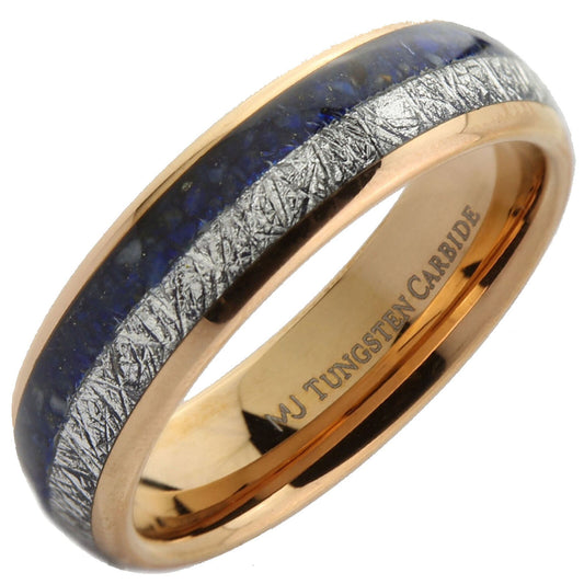 Tungsten Carbide Meteorite Inlay with a Choice of Koa Wood or Lapis Lazuli Inlay