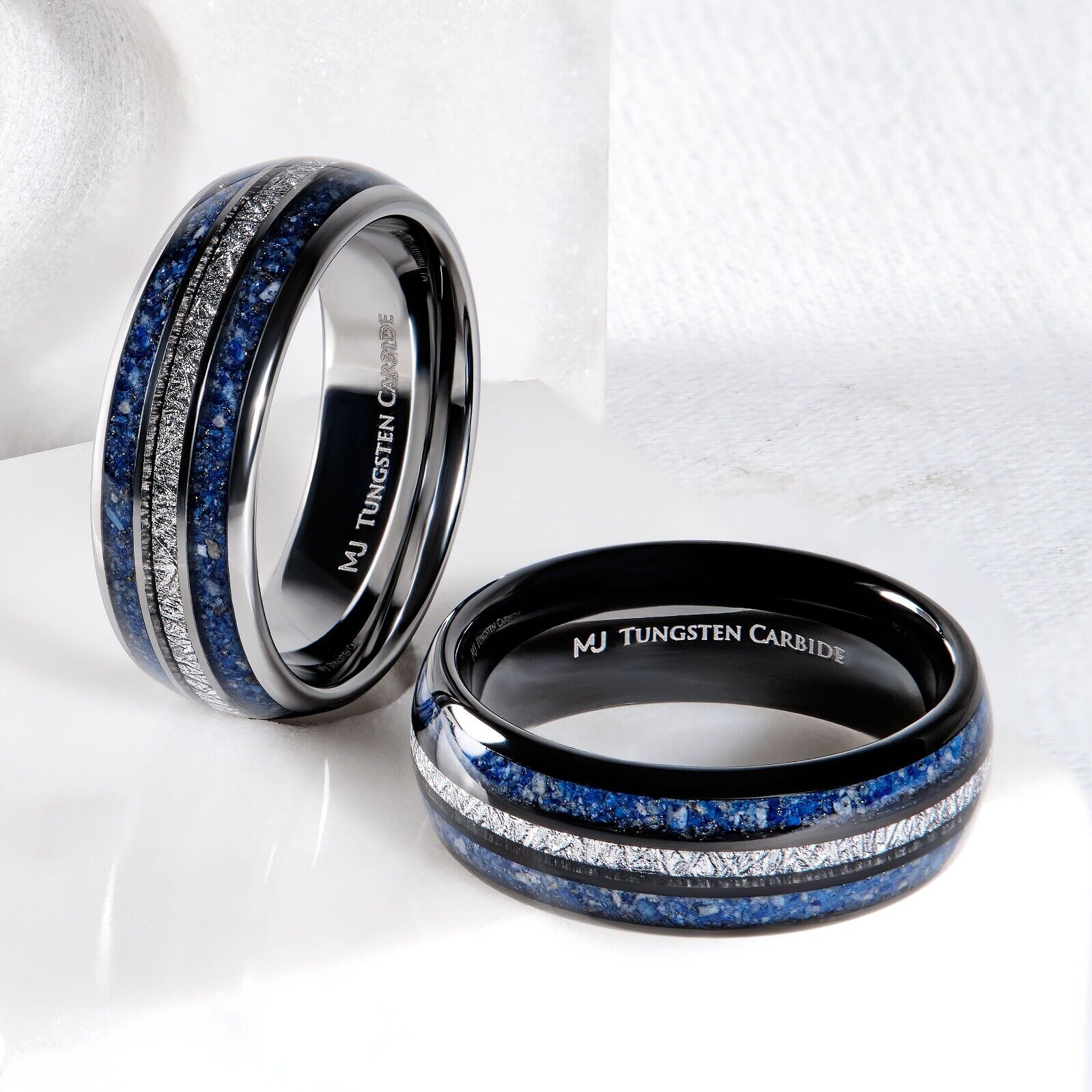 Tungsten Carbide 8mm Polished Finish with Lapis Lazuli and Faux Meteorite Inlay