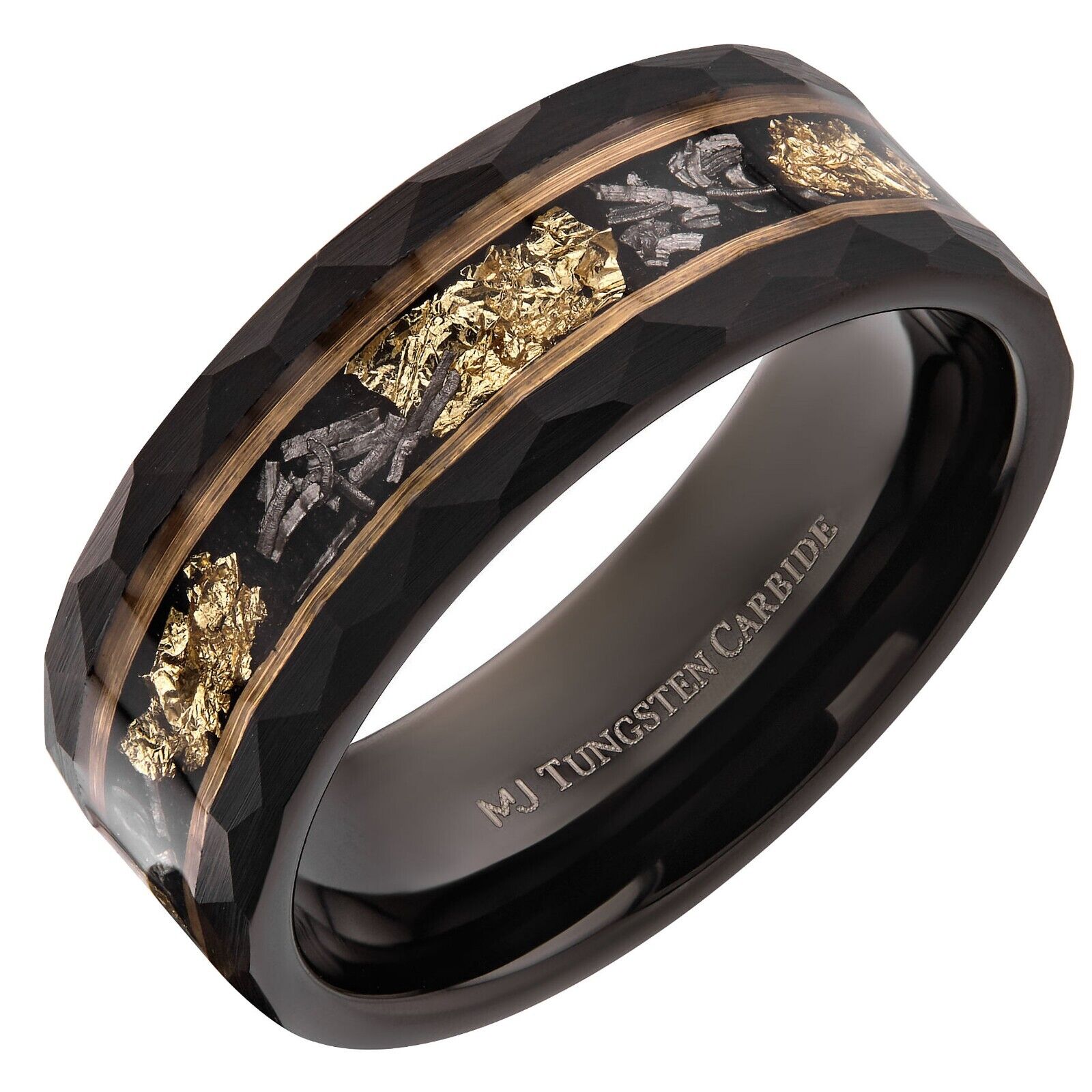 Tungsten Carbide Hammered 8mm Black Plated Wedding Band with Gold Foil Flecks In