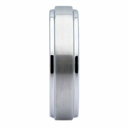 White Tungsten Carbide Brushed Wedding Band Recessed Edge 6mm or 8mm Ring
