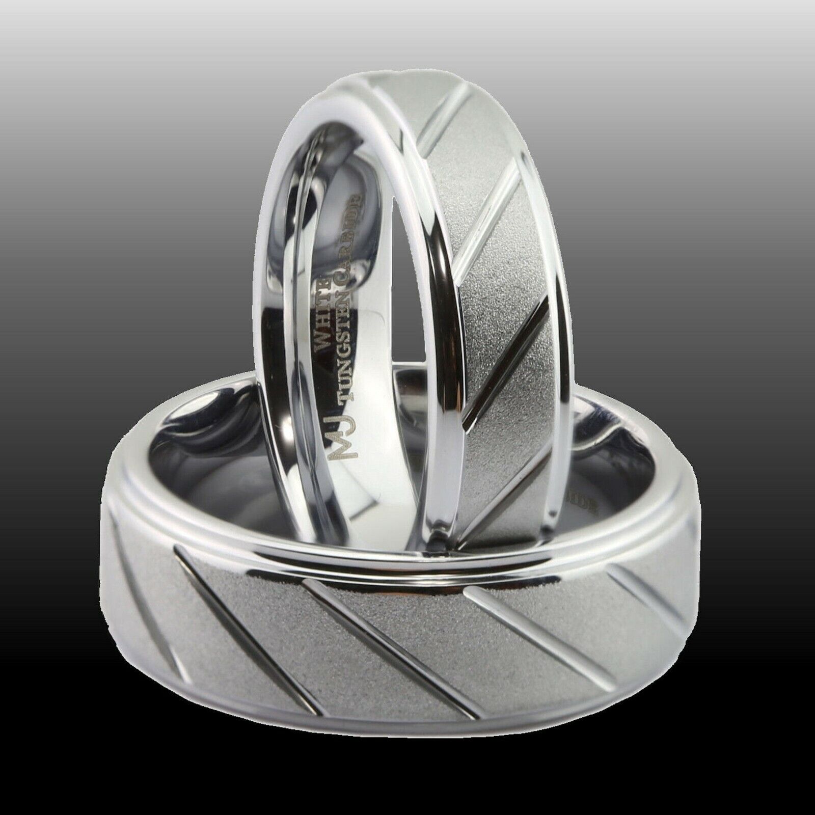 White Tungsten Carbide Band 6mm or 8mm Sand Blasted with Diagonal Lines Ring