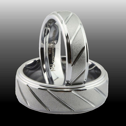 White Tungsten Carbide Band 6mm or 8mm Sand Blasted with Diagonal Lines Ring
