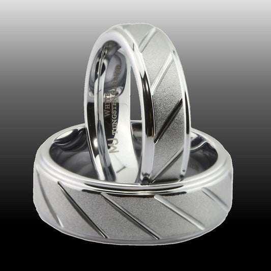 White Tungsten Carbide Band 6mm or 8mm Sand Blasted with Diagonal Lines Ring