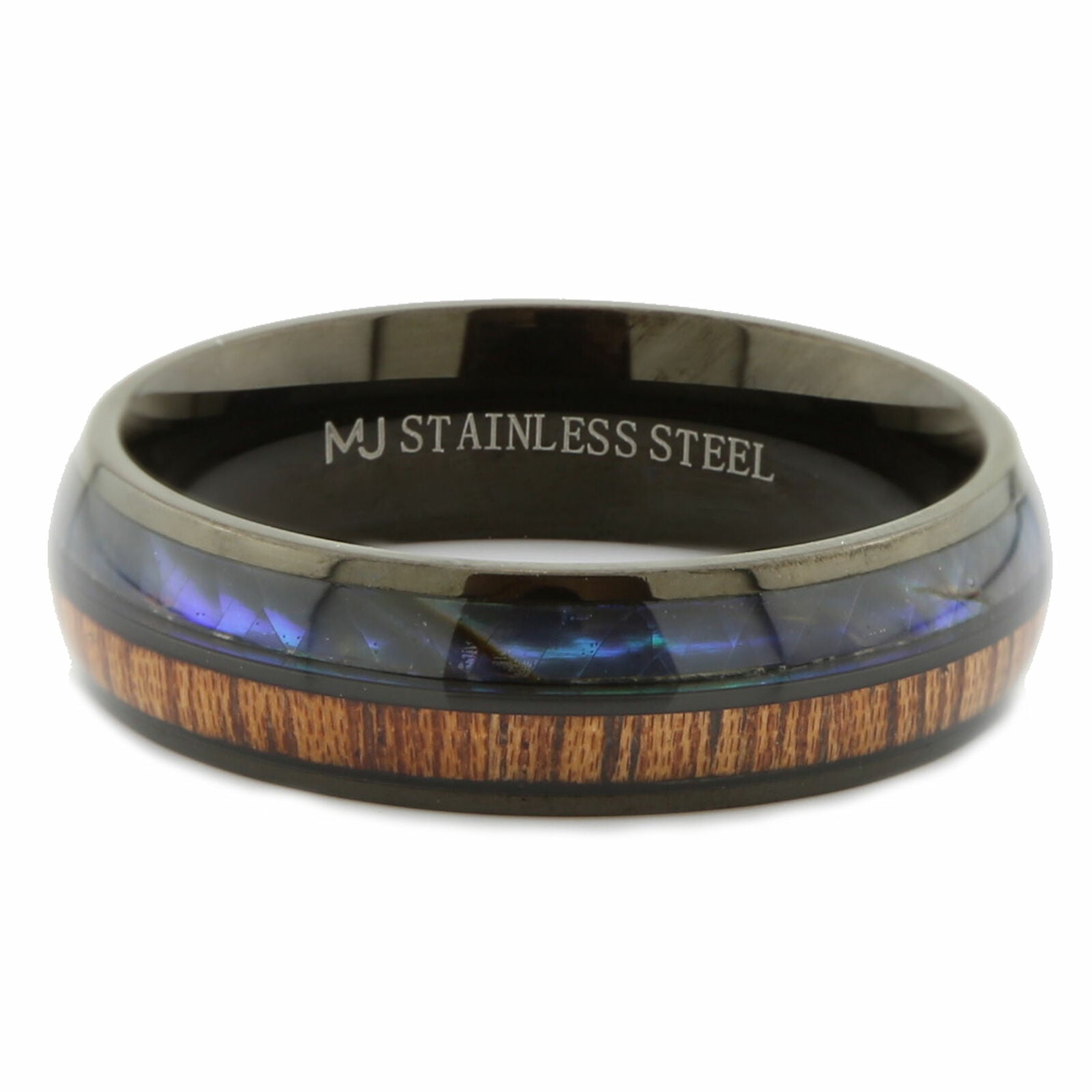 Custom Engraved Stainless Steel Abalone Inlay with Koa Wood or Faux Opal Ring
