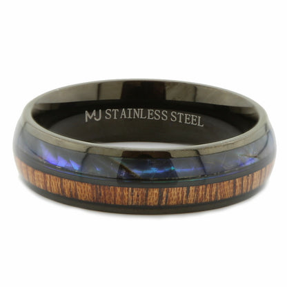 Custom Engraved Stainless Steel Abalone Inlay with Koa Wood or Faux Opal Ring