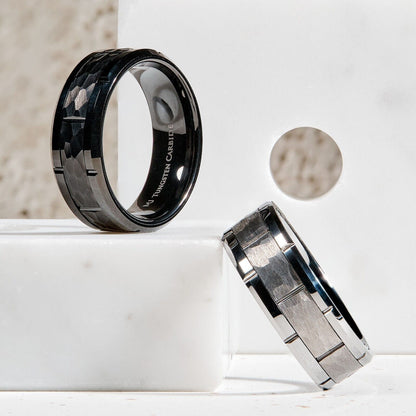 Tungsten Carbide 8mm Band Brushed Hammered Brick Pattern Notched Edges Ring