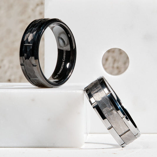Tungsten Carbide 8mm Band Brushed Hammered Brick Pattern Notched Edges Ring