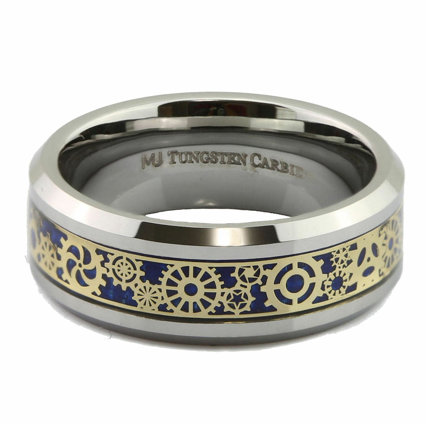 Steampunk Gear Inlay 8mm Polished or Black Plated Tungsten Carbide Wedding Ring