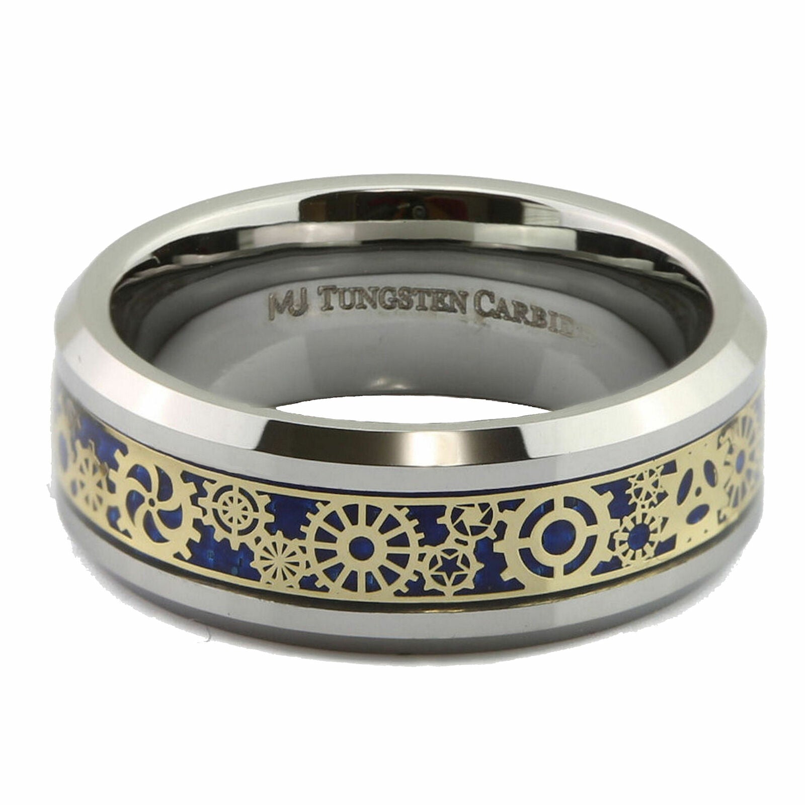 Steampunk Gear Inlay 8mm Polished or Black Plated Tungsten Carbide Wedding Ring