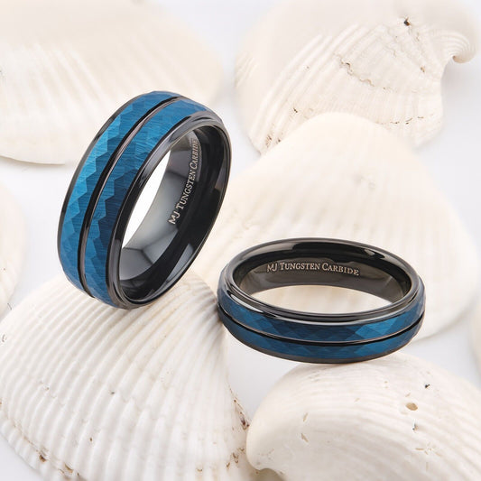 Tungsten Carbide 6 or 8mm Wedding Band Hammered Black and Blue Plated Ring
