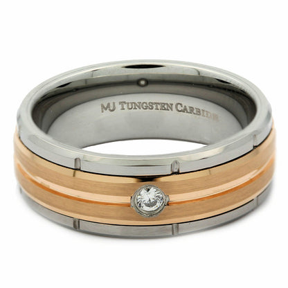 8mm Tungsten Carbide Rose Gold Plated Grooved Center 2mm CZ Ring