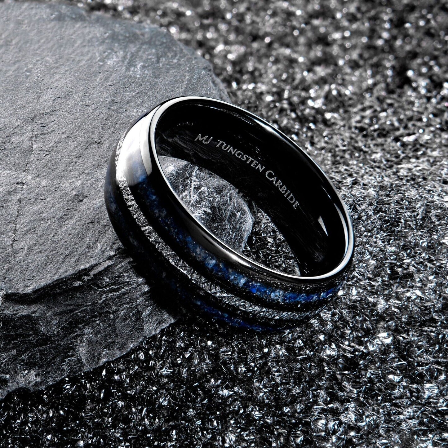 Tungsten Carbide 8mm Polished Finish with Lapis Lazuli and Faux Meteorite Inlay