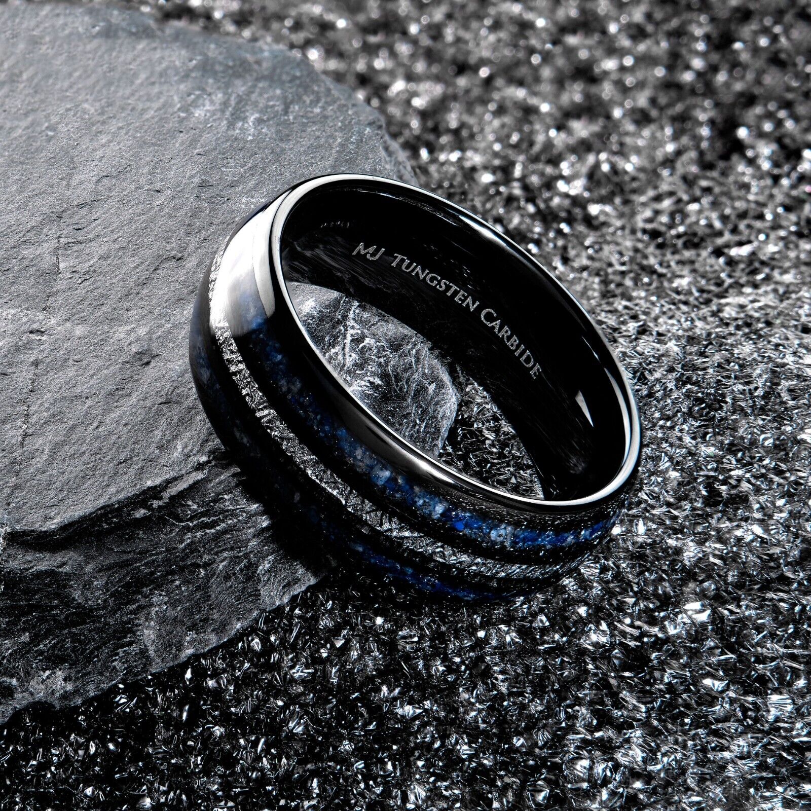 Tungsten Carbide 8mm Polished Finish with Lapis Lazuli and Faux Meteorite Inlay