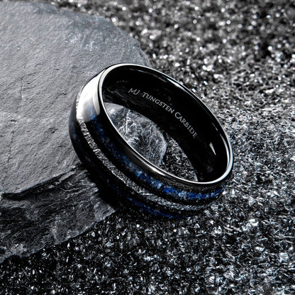 Tungsten Carbide 8mm Polished Finish with Lapis Lazuli and Faux Meteorite Inlay