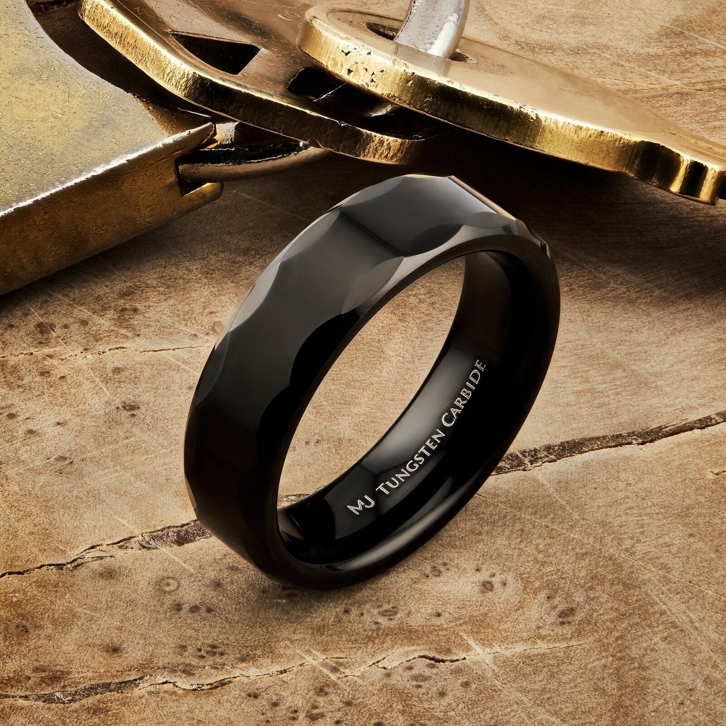 Tungsten Carbide 6mm Geometric Multi Faceted Band Black Plated Finish Ring