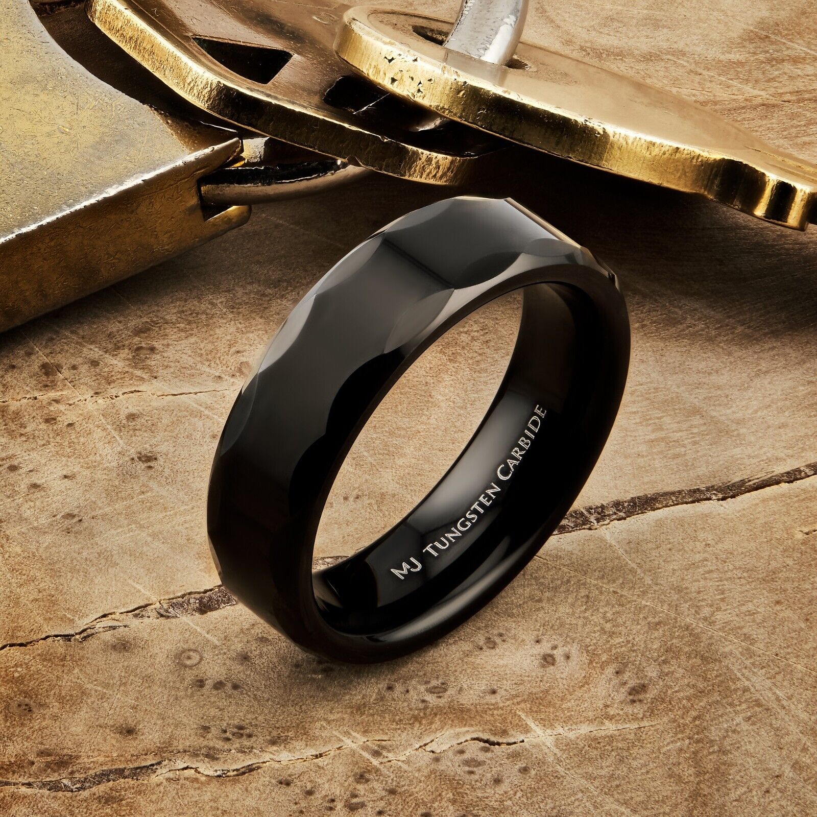 Tungsten Carbide 6mm Geometric Multi Faceted Band Black Plated Finish Ring