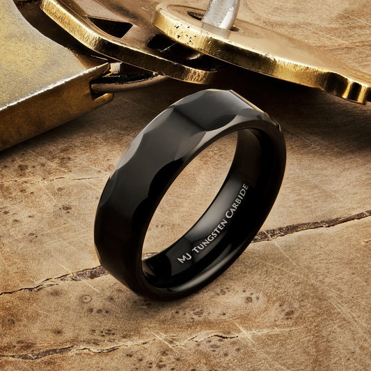 Tungsten Carbide 6mm Geometric Multi Faceted Band Black Plated Finish Ring