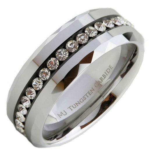 Tungsten Carbide Wedding Band Beveled Edge W/ CZ Filled Center 8mm Ring