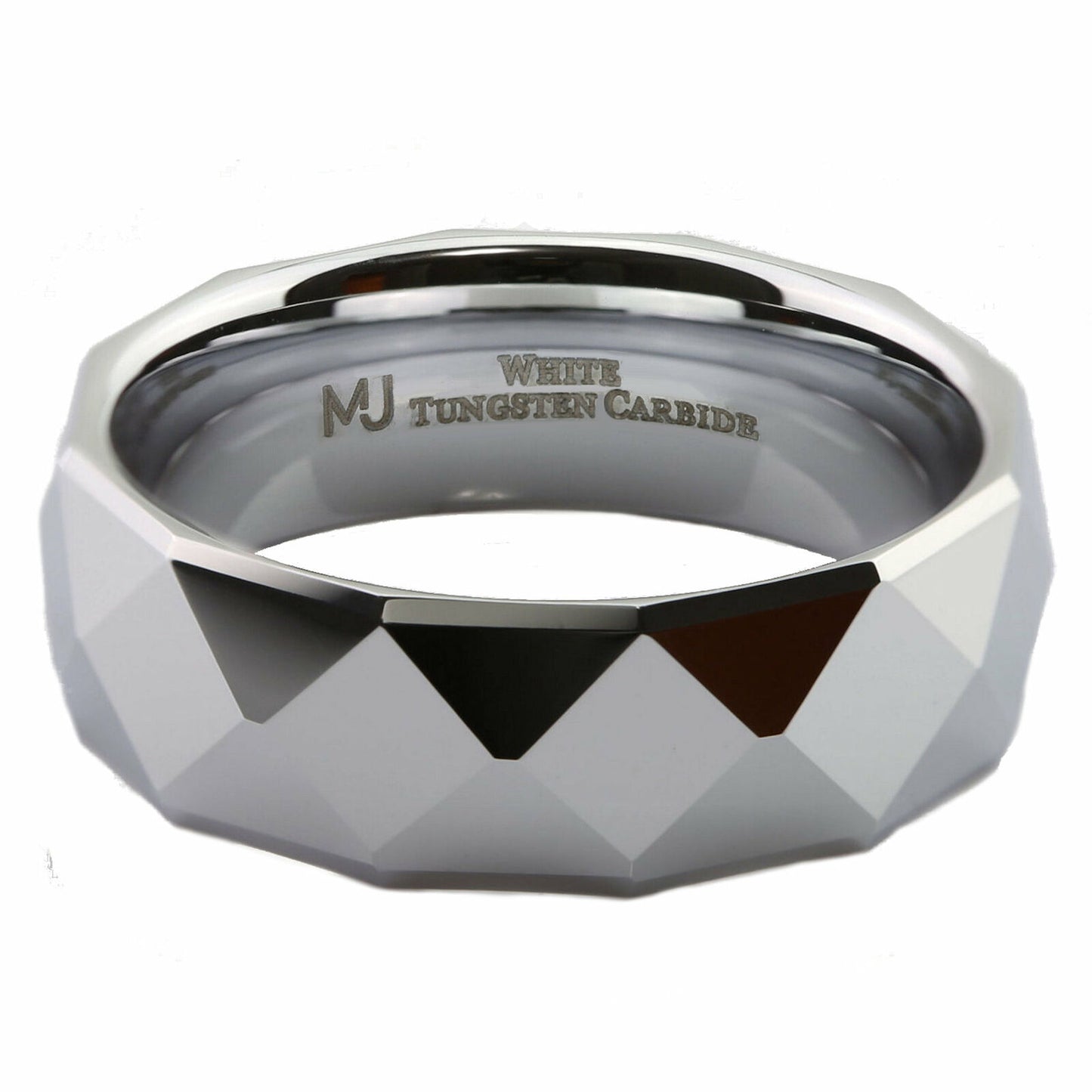 White Tungsten Carbide or Black Plated Multi Faceted Polished 6mm or 8mm Ring